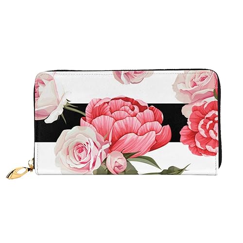 TRESILA Geldbörse Frauen Lange Leder Reißverschluss Geldbörse Telefon Kartenhalter Caseclutch Geldbörse Münze Organizer Brieftasche - Strand Sonnenaufgang, Schwarz-weiß gestreifte Blumen, von TRESILA