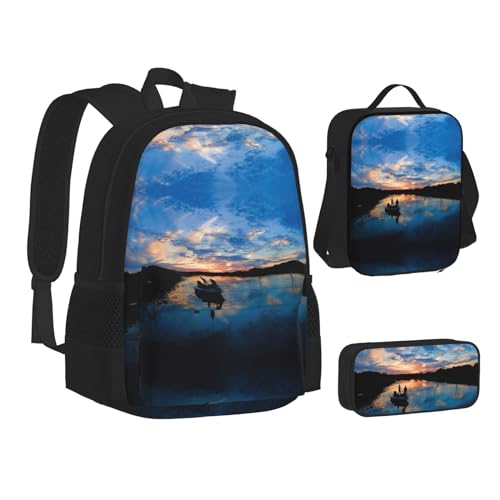 TRESILA Rucksack für Kinder, Jungen, Mädchen, strapazierfähiges Polyester, Schultasche, Büchertasche mit Lunchtasche und Federmäppchen (3-in-1-Rucksack-Set), Sonnenuntergang Delfine, Angellandschaft, von TRESILA