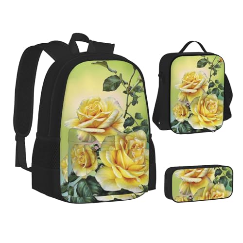 TRESILA Rucksack für Kinder, Jungen, Mädchen, strapazierfähiges Polyester, Schultasche, Büchertasche mit Lunchtasche und Federmäppchen (3-in-1-Rucksack-Set), Sonnenuntergang Delfine, Gelbe Rose, von TRESILA