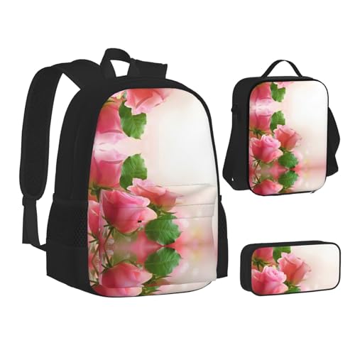 TRESILA Rucksack für Kinder, Jungen, Mädchen, strapazierfähiges Polyester, Schultasche, Büchertasche mit Lunchtasche und Federmäppchen (3-in-1-Rucksack-Set), Sonnenuntergang Delfine, Rosa Rosen, von TRESILA