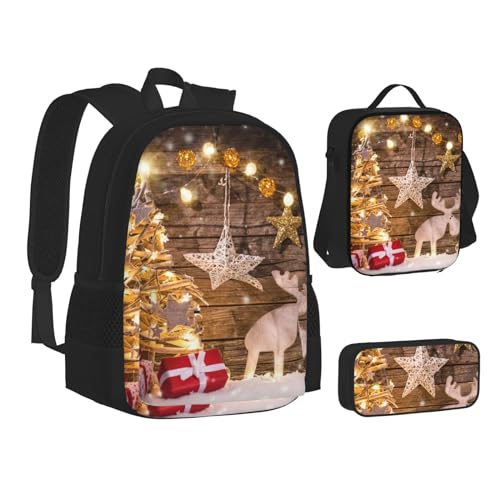 TRESILA Rucksack für Kinder, Jungen, Mädchen, strapazierfähiges Polyester, Schultasche, Büchertasche mit Lunchtasche und Federmäppchen (3-in-1-Rucksack-Set), bunte Süßigkeiten, Weihnachtsbäume Hirsch, von TRESILA