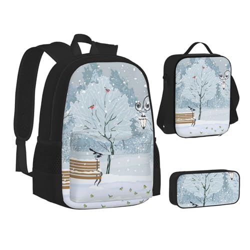 TRESILA Rucksack für Kinder, Jungen, Mädchen, strapazierfähiges Polyester, Schultasche, Büchertasche mit Lunchtasche und Federmäppchen (3-in-1-Rucksack-Set), rote Liebesrosen, Vögel im Park an einem von TRESILA