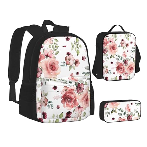 TRESILA Rucksack für Kinder, Jungen, Mädchen, strapazierfähiges Polyester, Schultasche, Büchertasche mit Lunchtasche und Federmäppchen (3-in-1-Rucksack-Set)/Cartoon-Raketen, Blühende Rosen, One size von TRESILA