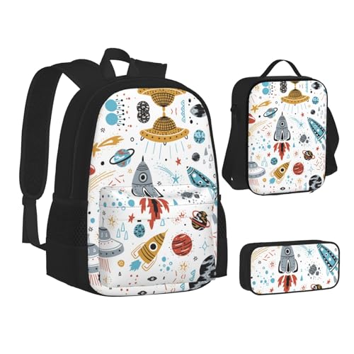 TRESILA Rucksack für Kinder, Jungen, Mädchen, strapazierfähiges Polyester, Schultasche, Büchertasche mit Lunchtasche und Federmäppchen (3-in-1-Rucksack-Set)/Cartoon-Raketen, Cartoon-Raketen, von TRESILA