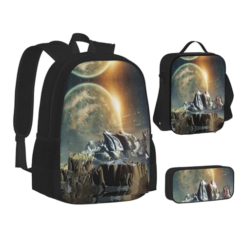 TRESILA Rucksack für Kinder, Jungen, Mädchen, strapazierfähiges Polyester, Schultasche, Büchertasche mit Lunchtasche und Federmäppchen (3-in-1-Rucksack-Set)/Cartoon-Raketen, Earth Mountain, von TRESILA