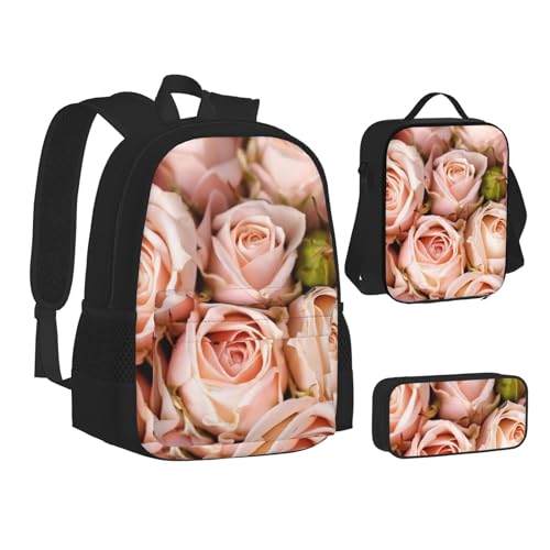 TRESILA Rucksack für Kinder, Jungen, Mädchen, strapazierfähiges Polyester, Schultasche, Büchertasche mit Lunchtasche und Federmäppchen (3-in-1-Rucksack-Set)/Tanzen mit Libellen, Rosa Rosen, von TRESILA