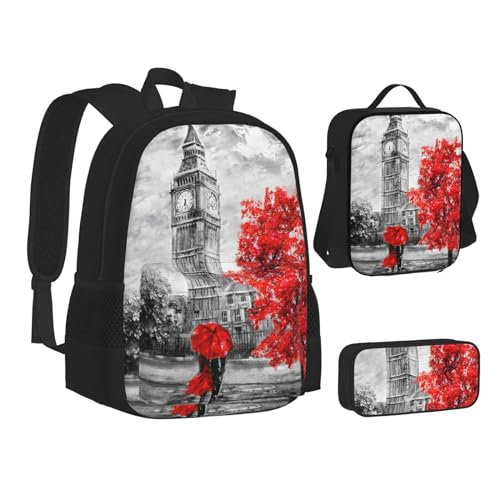 TRESILA Rucksack für Kinder, Jungen, Mädchen, strapazierfähiges Polyester, Schultasche, Büchertasche mit Lunchtasche und Federmäppchen (3-in-1-Rucksack-Set)/Tier-Kuhbild, Red London Street, von TRESILA