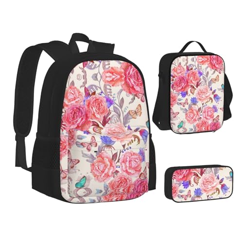 TRESILA Rucksack für Kinder, Jungen und Mädchen, strapazierfähiges Polyester, Schultasche, Büchertasche mit Lunchtasche und Federmäppchen (3-in-1-Rucksack-Set), Büffelgrau, Blume, Rose, Schmetterling, von TRESILA