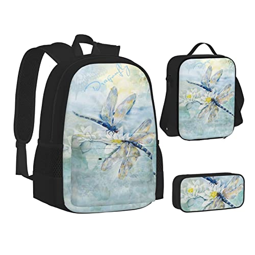 TRESILA Rucksack für Kinder, Jungen und Mädchen, strapazierfähiges Polyester, Schultasche, Büchertasche mit Lunchtasche und Federmäppchen (3-in-1-Rucksack-Set), Büffelgrau, Libelle Lotus, von TRESILA