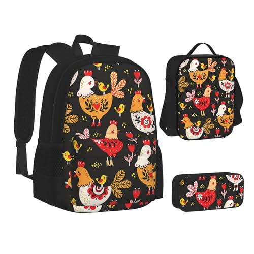 TRESILA Rucksack für Kinder, Jungen und Mädchen, strapazierfähiges Polyester, Schultasche, Büchertasche mit Lunchtasche und Federmäppchen (3-in-1-Rucksack-Set), Büffelgrau, Niedliche Hahn-Hühner, One von TRESILA