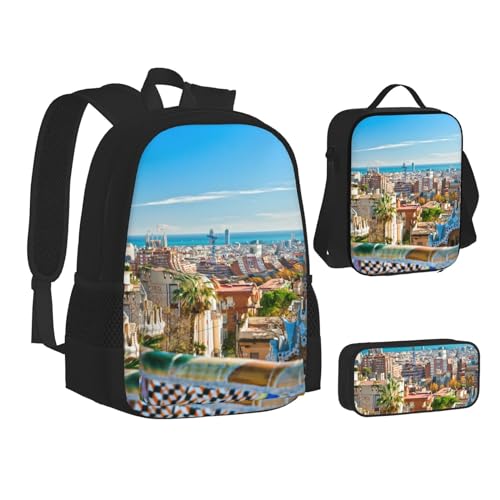 TRESILA Rucksack für Kinder, Jungen und Mädchen, strapazierfähiges Polyester, Schultasche, Büchertasche mit Lunchtasche und Federmäppchen (3-in-1-Rucksack-Set), Rosenfarben und Schwarz, Spanien Water von TRESILA