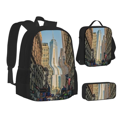 TRESILA Rucksack für Kinder, Jungen und Mädchen, strapazierfähiges Polyester, Schultasche, Büchertasche mit Lunchtasche und Federmäppchen (3-in-1-Rucksack-Set), Rot / Weiß, Streets of New York City, von TRESILA