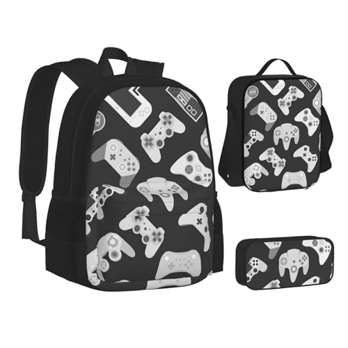 TRESILA Rucksack für Kinder, Jungen und Mädchen, strapazierfähiges Polyester, Schultasche, Büchertasche mit Lunchtasche und Federmäppchen (3-in-1-Rucksack-Set), schöne Motte, Gamecontroller, von TRESILA