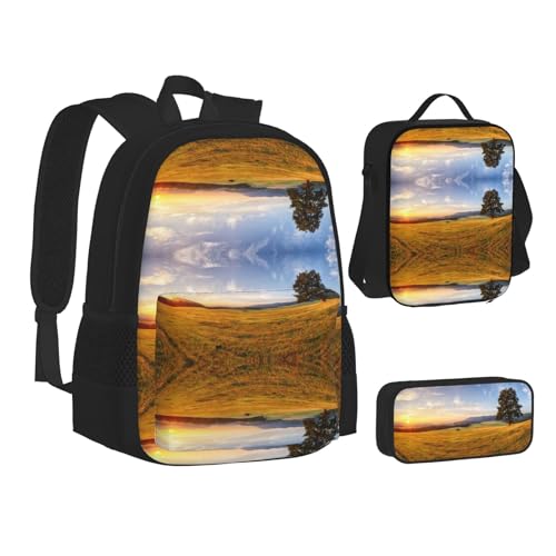 TRESILA Rucksack für Kinder, Jungen und Mädchen, strapazierfähiges Polyester, Schultasche, Büchertasche mit Lunchtasche und Federmäppchen (3-in-1-Rucksack-Set), schöne Motte, Herbstlandschaft mit von TRESILA