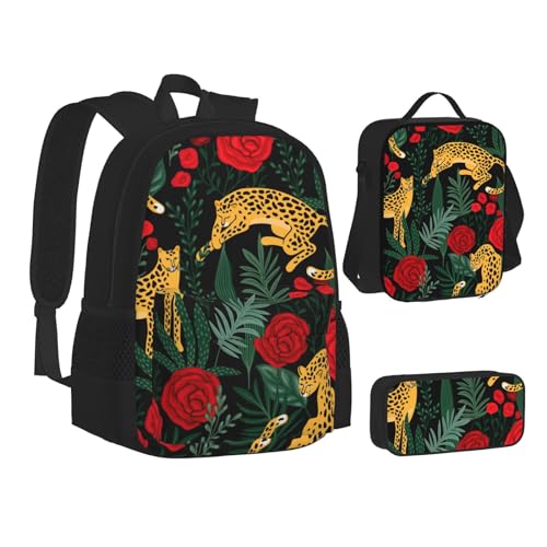 TRESILA Rucksack für Kinder, Jungen und Mädchen, strapazierfähiges Polyester, Schultasche, Büchertasche mit Lunchtasche und Federmäppchen (3-in-1-Rucksack-Set), schöne Motte, Leopard und Rosen, von TRESILA