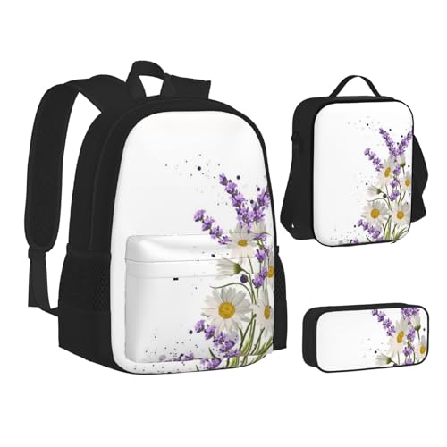 TRESILA Rucksack für Kinder, Jungen und Mädchen, strapazierfähiges Polyester, Schultasche, Büchertasche mit Lunchtasche und Federmäppchen (3-in-1-Rucksack-Set)/Blaue Meereslandschaft, Lavendelblüte, von TRESILA