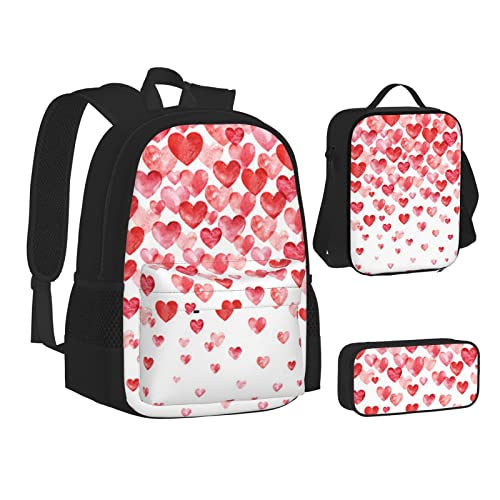 TRESILA Rucksack für Kinder, Jungen und Mädchen, strapazierfähiges Polyester, Schultasche, Büchertasche mit Lunchtasche und Federmäppchen (3-in-1-Rucksack-Set)/Cowboy-Reitpferd, Falling Red Hearts, von TRESILA