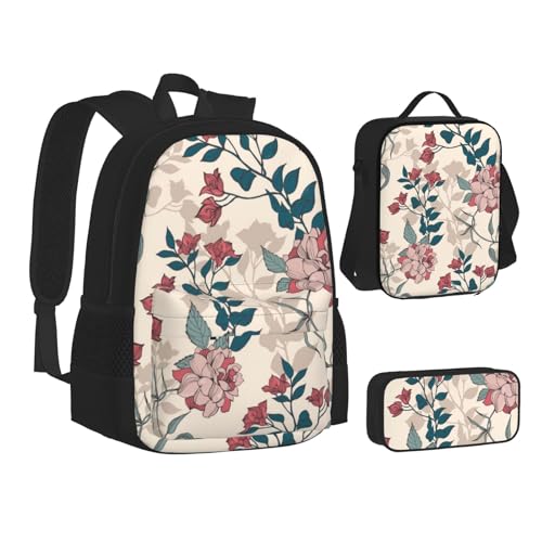 TRESILA Rucksack für Kinder, Jungen und Mädchen, strapazierfähiges Polyester, Schultasche, Büchertasche mit Lunchtasche und Federmäppchen (3-in-1-Rucksack-Set)/Cowboy-Reitpferd, Rosa Blumen und von TRESILA