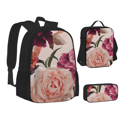 TRESILA Rucksack für Kinder, Jungen und Mädchen, strapazierfähiges Polyester, Schultasche, Büchertasche mit Lunchtasche und Federmäppchen (3-in-1-Rucksack-Set)/Japanischer Karpfen, Rosa Blume und von TRESILA