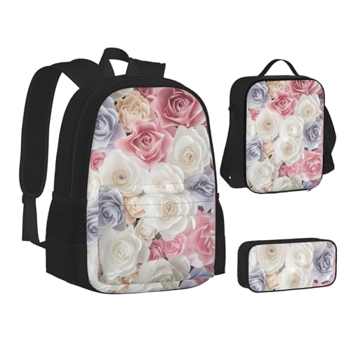 TRESILA Rucksack für Kinder, Jungen und Mädchen, strapazierfähiges Polyester, Schultasche, Büchertasche mit Lunchtasche und Federmäppchen (3-in-1-Rucksack-Set) / Kilauea Volcano, Rose Blume Floral, von TRESILA