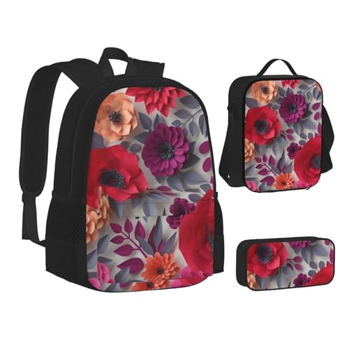 TRESILA Rucksack für Kinder, Jungen und Mädchen, strapazierfähiges Polyester, Schultasche, Büchertasche mit Lunchtasche und Federmäppchen (3-in-1-Rucksack-Set) / Kilauea Volcano, Rote und rosa Blumen, von TRESILA