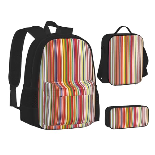 TRESILA Rucksack für Kinder, Jungen und Mädchen, strapazierfähiges Polyester, Schultasche, Büchertasche mit Lunchtasche und Federmäppchen (3-in-1-Rucksack-Set) / Late Night Highway, Bunte Streifen, von TRESILA