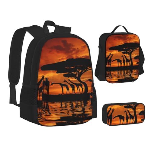 TRESILA Rucksack für Kinder, Jungen und Mädchen, strapazierfähiges Polyester, Schultasche, Büchertasche mit Lunchtasche und Federmäppchen (3-in-1-Rucksack-Set) / Late Night Highway, Giraffe unter dem von TRESILA