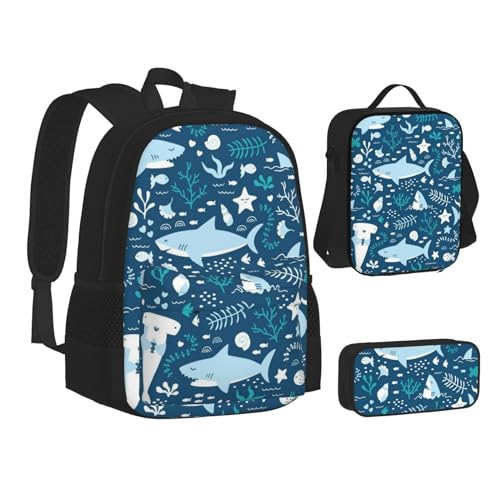 TRESILA Rucksack für Kinder, Jungen und Mädchen, strapazierfähiges Polyester, Schultasche, Büchertasche mit Lunchtasche und Federmäppchen (3-in-1-Rucksack-Set) / Late Night Highway, Niedlicher blauer von TRESILA