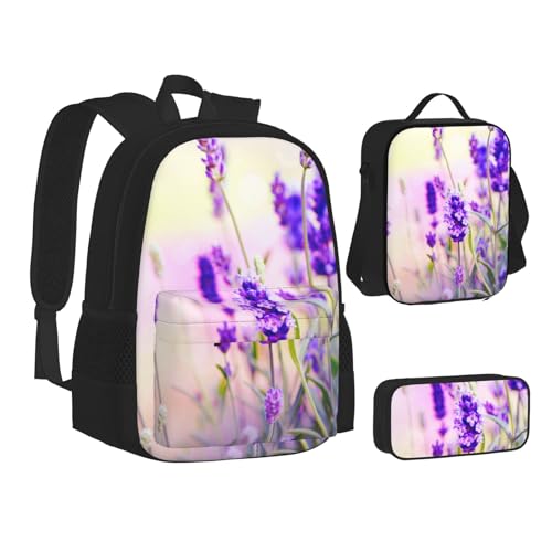 TRESILA Rucksack für Kinder, Jungen und Mädchen, strapazierfähiges Polyester, Schultasche, Büchertasche mit Lunchtasche und Federmäppchen (3-in-1-Rucksack-Set) / Zauberpilz, Lavendelblüte, von TRESILA