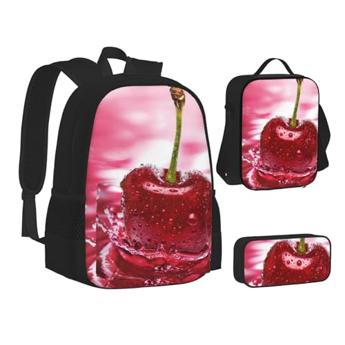 TRESILA Rucksack für Kinder, Jungen und Mädchen, strapazierfähiges Polyester, Schultasche, Büchertasche mit Lunchtasche und Federmäppchen (3-in-1-Rucksack-Set) / Zauberpilz, Rot Kirschen, von TRESILA