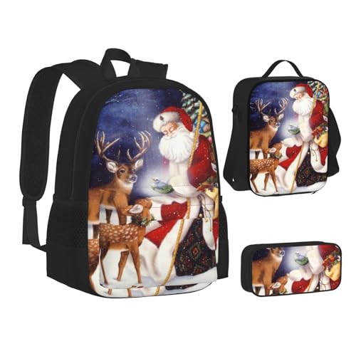 TRESILA Rucksack für Kinder, Jungen und Mädchen, strapazierfähiges Polyester, Schultasche, Büchertasche mit Lunchtasche und Federmäppchen (3-in-1-Rucksack-Set) Schneemann Weihnachtsmann, Weihnachten von TRESILA