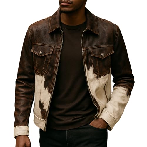 TRESSANO Herren Rindsleder Motorrad Jacke - Western Kuh Print Mantel Animal Print Kuh Jacke, Tricolor Rindsleder, XL von TRESSANO