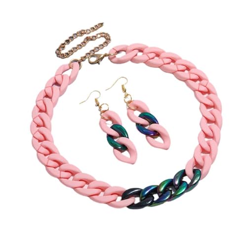 Bunte Acryl-Kettenglieder-Halskette mit Ohrringen, klobige Statement-Acrylharz-Kette, Boho-Schmuck-Set für Damen, Rosa Bunte Acryl-Kettenglieder-Halskette mit Ohrringen, klobige Statement-Acrylharz-Kette, Boho-Schmuck-Set für Damen, Rosa von TREWQ-US