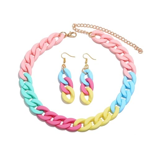Bunte Acryl-Kettenglieder-Halskette mit Ohrringen, klobige Statement-Acrylharz-Kette, Boho-Schmuck-Set für Damen, bunt von TREWQ-US