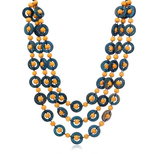 Damen-Halskette mit mehrlagigen Perlen, lange Acryl-Holzperlen, Statement-Halskette, großer Kostüm-Anhänger, Halskette, Modeschmuck, Gelb von TREWQ-US