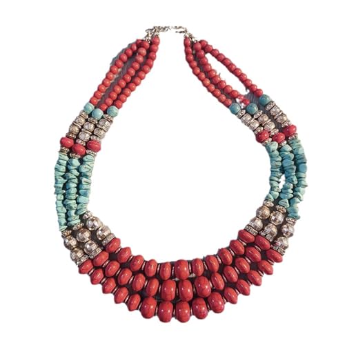 Rote mehrschichtige Perlen-Halskette, Bohemian-Stil, dreilagige Halskette, klobiger Anhänger, Perlen, ethnischer Choker, mehrreihige Halskette für Damen, Rot Rote mehrschichtige Perlen-Halskette, Bohemian-Stil, dreilagige Halskette, klobiger Anhänger, Perlen, ethnischer Choker, mehrreihige Halskette für Damen, Rot von TREWQ-US