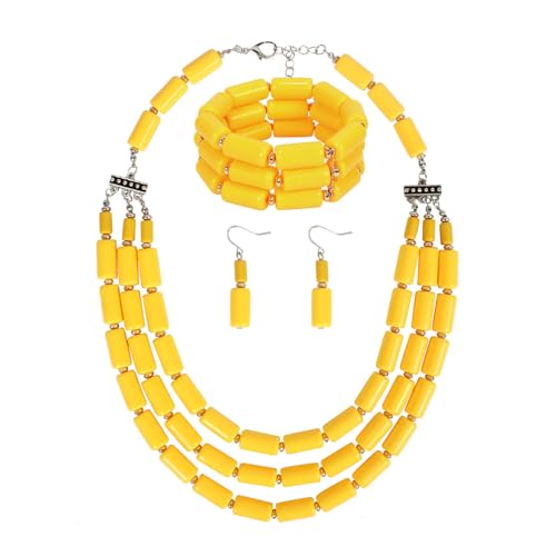 TREWQ Mode Handgemachte Perlen Multilayer Statement Halskette Armband Ohrringe Schmuckset Überteuerte Lange Pulloverkette für Damen und Mädchen Geschenke yellow von TREWQ