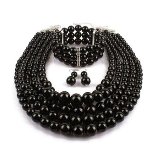 TREWQ Nachgemachte Perle übertriebener Schmuckset mehrschichtige Halskette + Armband + Ohrring große Perlenhalskette Hochzeitsschmuckset für Damen und Mädchen Geschenke black von TREWQ