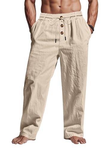 Herren-Leinenhose, leicht, Kordelzug, elastische Taillentaschen, lockere Passform, gerade Beine, Sommer, Strand, Yoga, Mit Knöpfen, Khaki, Groß Herren-Leinenhose, leicht, Kordelzug, elastische Taillentaschen, lockere Passform, gerade Beine, Sommer, Strand, Yoga, Mit Knöpfen, Khaki, Groß von TRFIC
