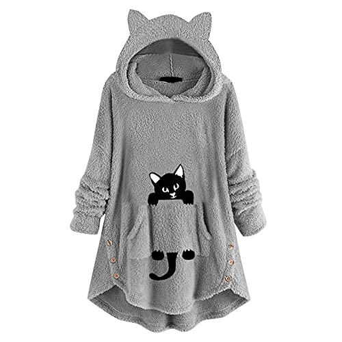 Damen Hoodie Cute Cat Ear Langarm Pullover Cute Kawaii Fluffy Katze Sweatshirt Teddy-Fleece Tops für Teenager Mädchen (A-Grau, M) von TRFPLOOC