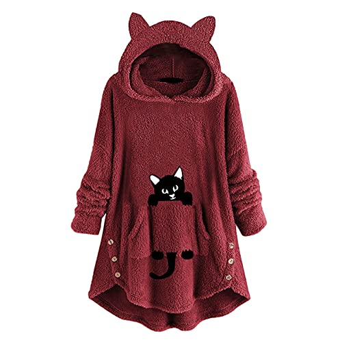 Damen Hoodie Cute Cat Ear Langarm Pullover Cute Kawaii Fluffy Katze Sweatshirt Teddy-Fleece Tops für Teenager Mädchen (A-rot, M) von TRFPLOOC