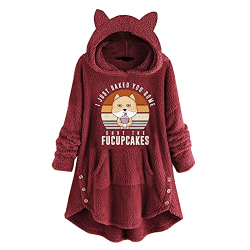 Damen Hoodie Cute Cat Ear Langarm Pullover Cute Kawaii Fluffy Katze Sweatshirt Teddy-Fleece Tops für Teenager Mädchen (C-rot, XL) von TRFPLOOC