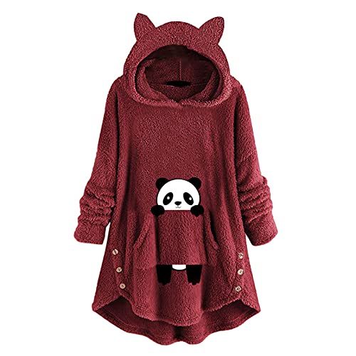 Damen Hoodie Cute Cat Ear Langarm Pullover Cute Kawaii Fluffy Katze Sweatshirt Teddy-Fleece Tops für Teenager Mädchen (I-rot, L) von TRFPLOOC