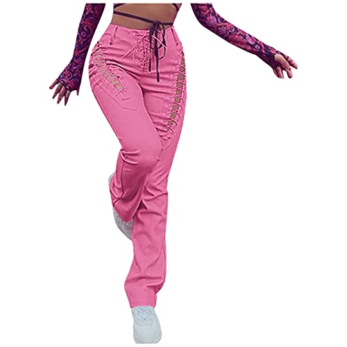 Damen Leder Hose PU Lederhose Push Up Skinny Coated Denim Biker Pants Schnüren Y2K Hohe Taille Aushöhlen Schlanke Kordelzug Bandage Kunstlederhose Chic E-Girls Streetwear (Rosa, L) von TRFPLOOC