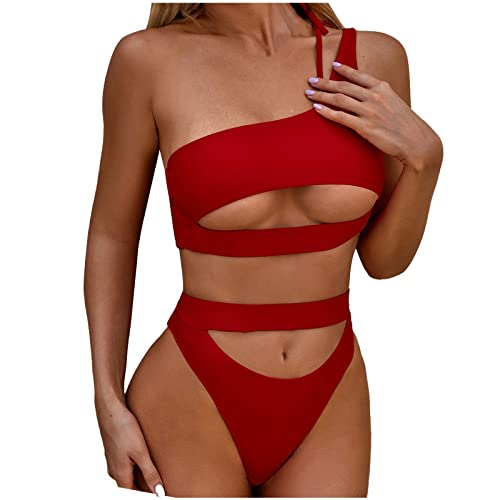 TRFPLOOC Damen Bikini Set One Shoulder Cutout Bikini Bademode High Waist Zweiteiliger Badeanzug Swimsuit (Rot, L) von TRFPLOOC