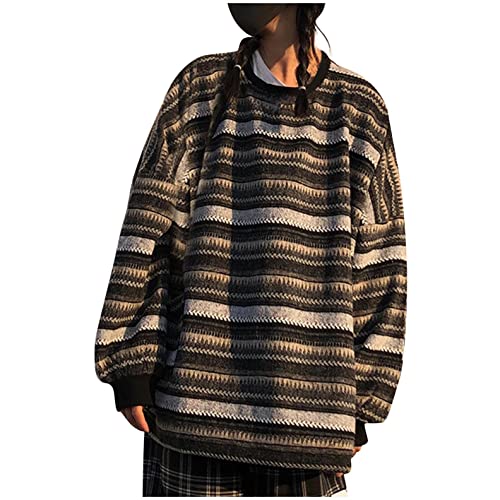 TRFPLOOC Damen Herren Strickpullover Oversize Rundhals Langarm Gestreifte College Strickpulli Teenager Mädchen Pullover Retro Winter Y2K Pullover Damen Strickwaren Harajuku Kleidung Oberteile Tops von TRFPLOOC