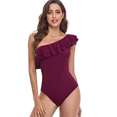 TRFPLOOC Damen One Shoulder Badeanzug Rüschen Monokinis Bauchweg Einteilige Bademode Swimsuit von TRFPLOOC