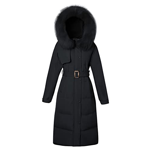 TRFPLOOC Damen Winterjacke Lange Steppjacke Wintermantel Parka Jacke Outwear Frauen Winter Warm Daunenmantel mit Pelzkragen und Gürtel (Schwarz, L) von TRFPLOOC