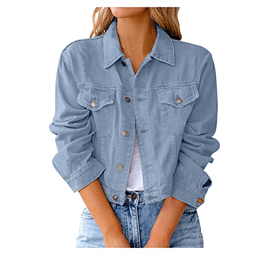 TRFPLOOC Female Jeansjacke Kurze Denim Jacke Tops übergangsjacke Langarm Vintage Button Down Jean Mäntel Mit Taschen (Hellblau, XXL) von TRFPLOOC