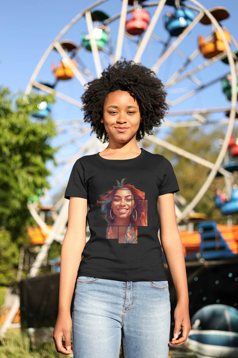 Colorful Unisex Jersey With Lucky Woman's Face in Square Frame - Sustainable, Perfect Conversation Starter von TRIAGEshop